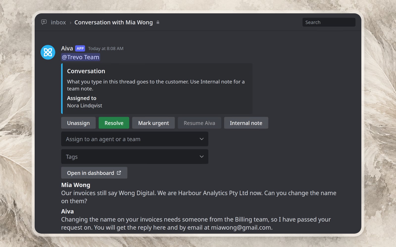 A private Discord thread holding a Webchat conversation, with the conversation controls above the messages