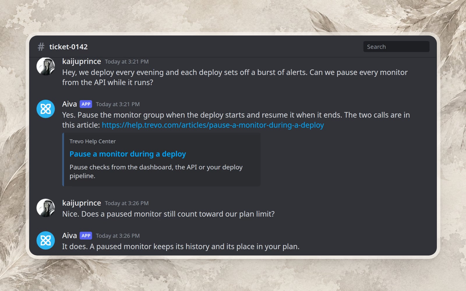 A Discord ticket channel where Aiva answers a customer’s question about monitors