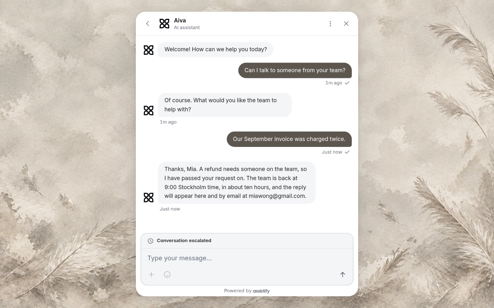 Webchat where a customer asks for a person, Aiva asks what the request is about, and the request is passed to the team with the time the team opens