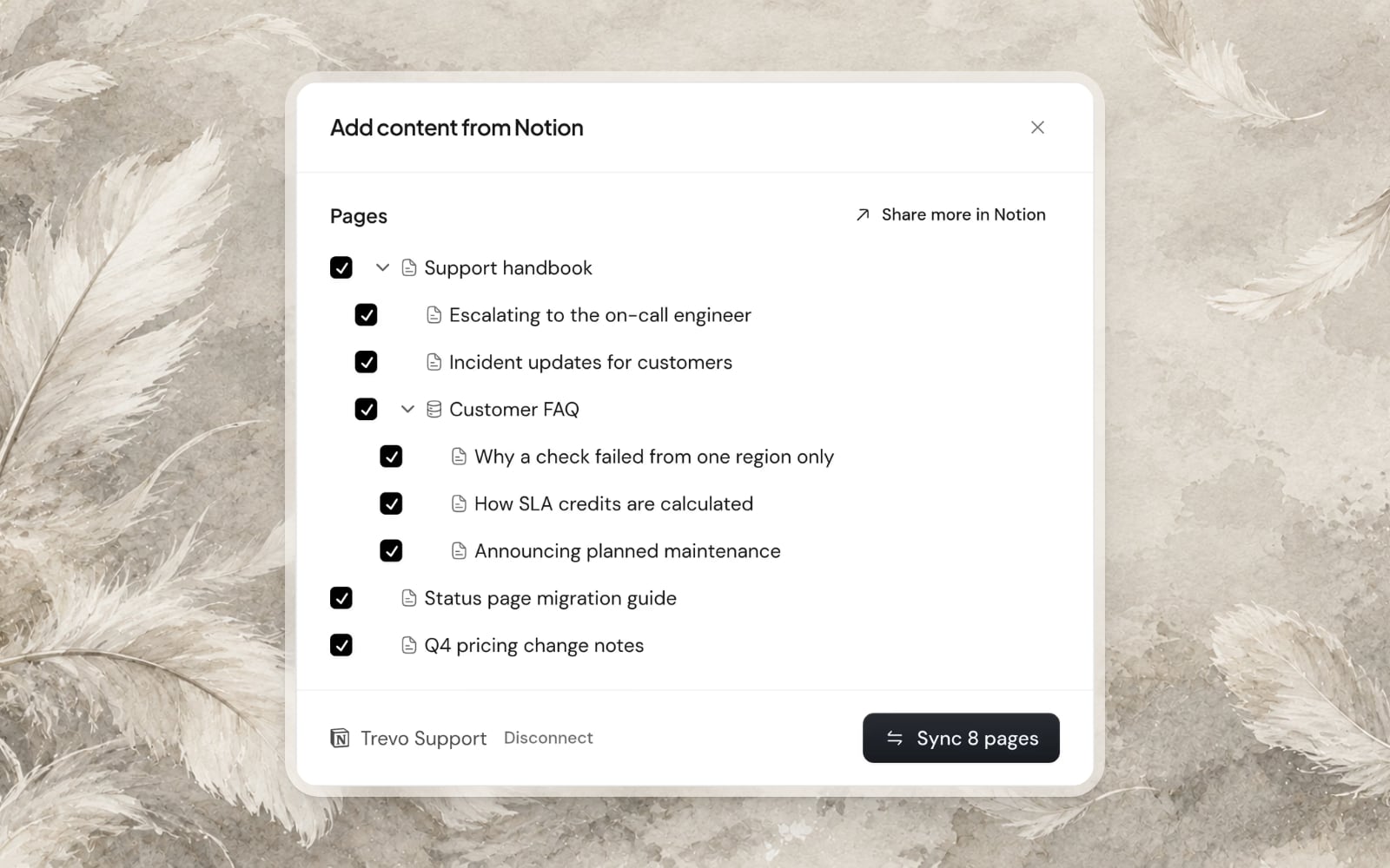 The Notion window in Knowledge with the pages chosen for syncing