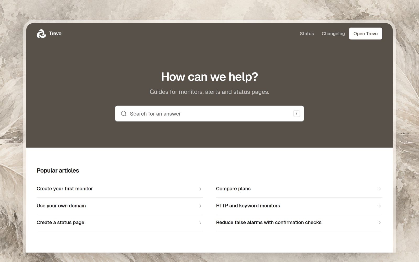 Trevo’s help center with a search field, popular articles and collections
