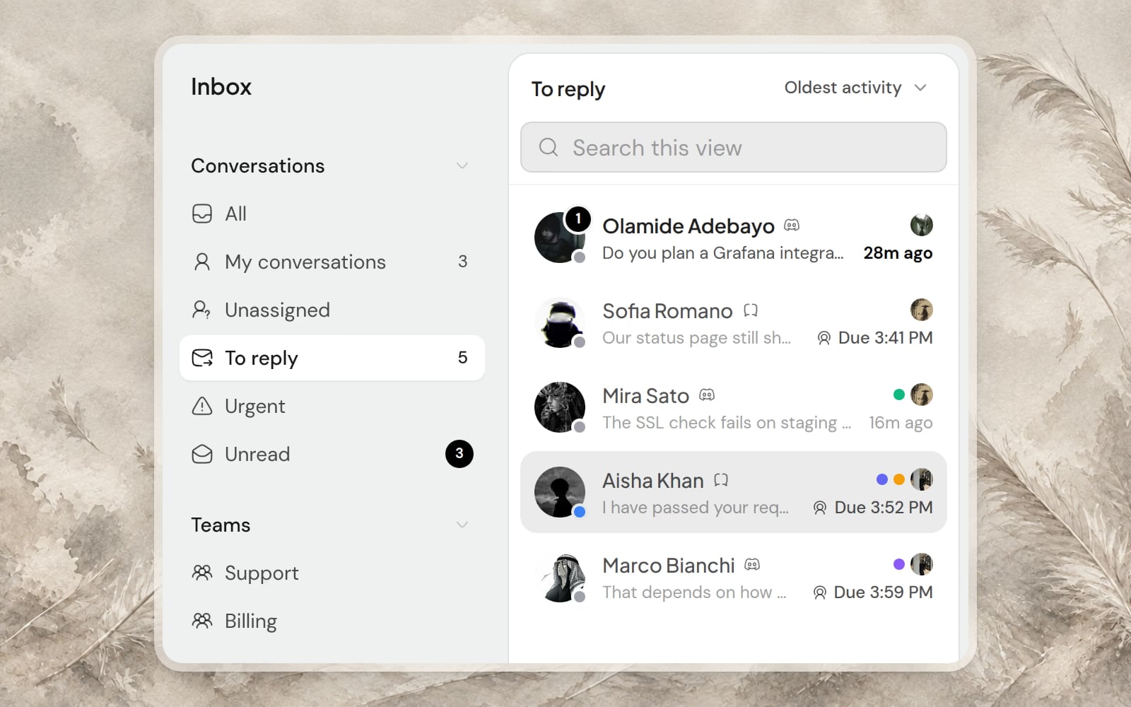 The inbox with views per team and a To reply queue where each handoff shows when its reply is due