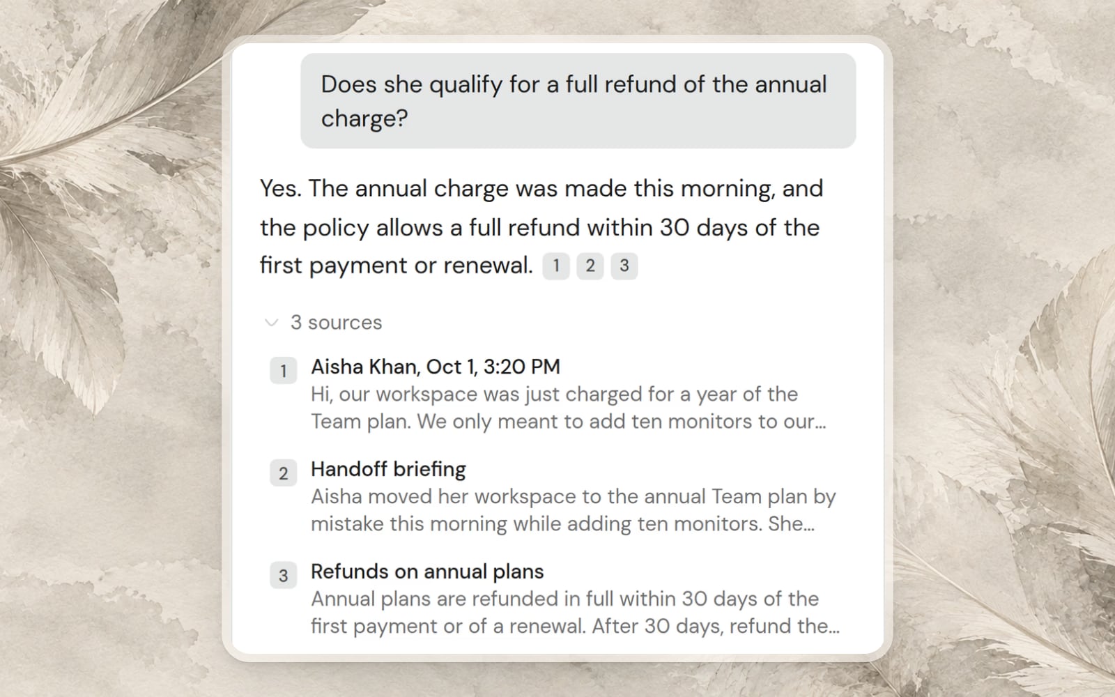 The Copilot tab answering a question about a refund, with its numbered sources