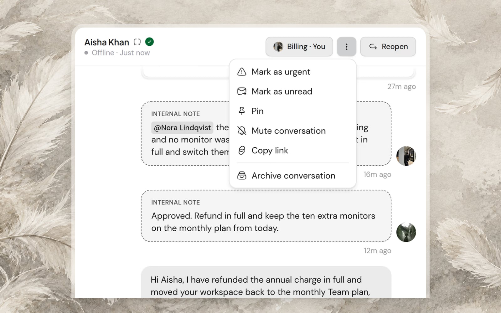 The inbox with a conversation’s menu open on Archive conversation