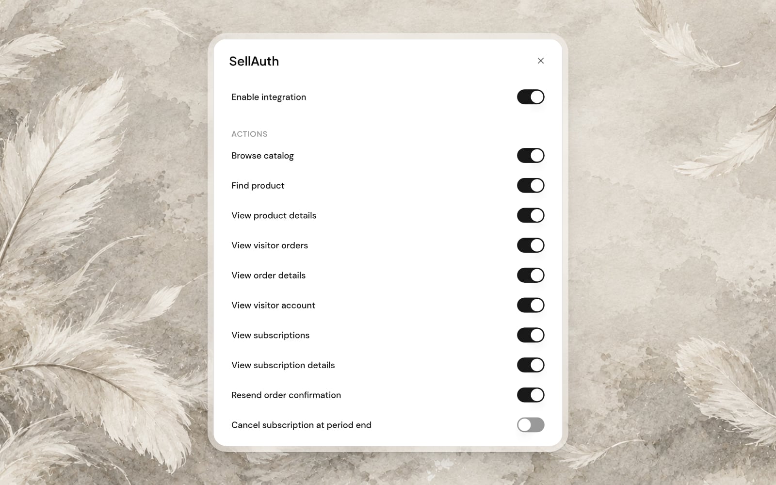 A store integration’s settings listing what Aiva reads and the actions you can switch on