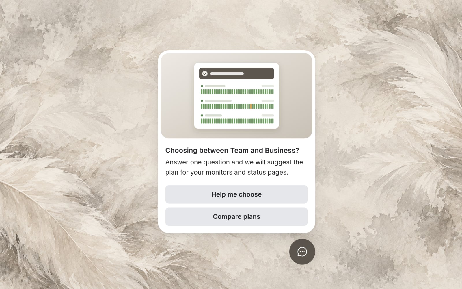 A campaign card on a pricing page offering to help choose a plan, above Webchat’s launcher
