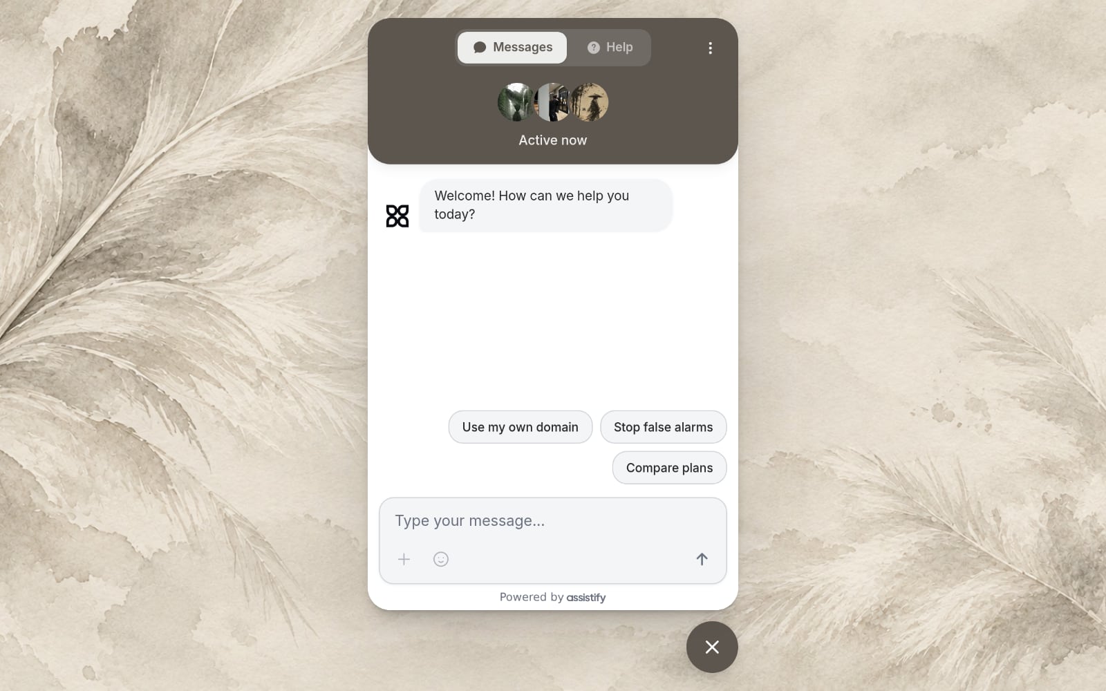 Webchat open on its welcome, with three conversation starters above the message field
