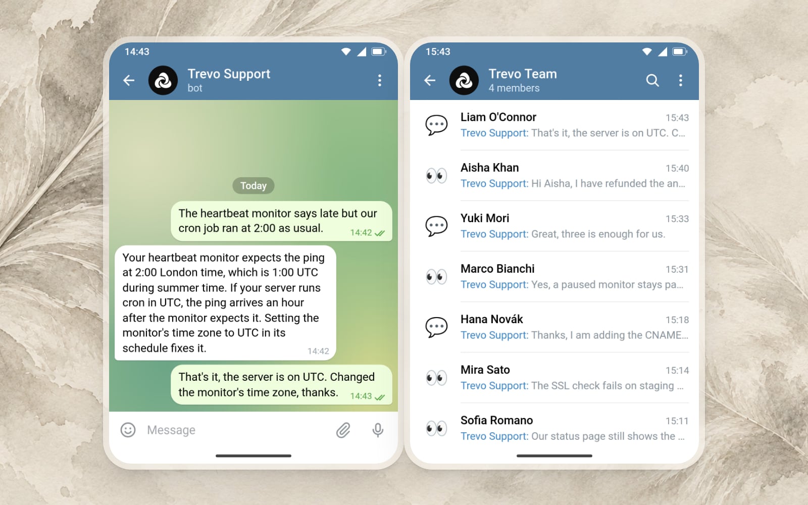 A Telegram chat between a customer and the Trevo Support bot, beside the team’s Telegram group with one topic per customer
