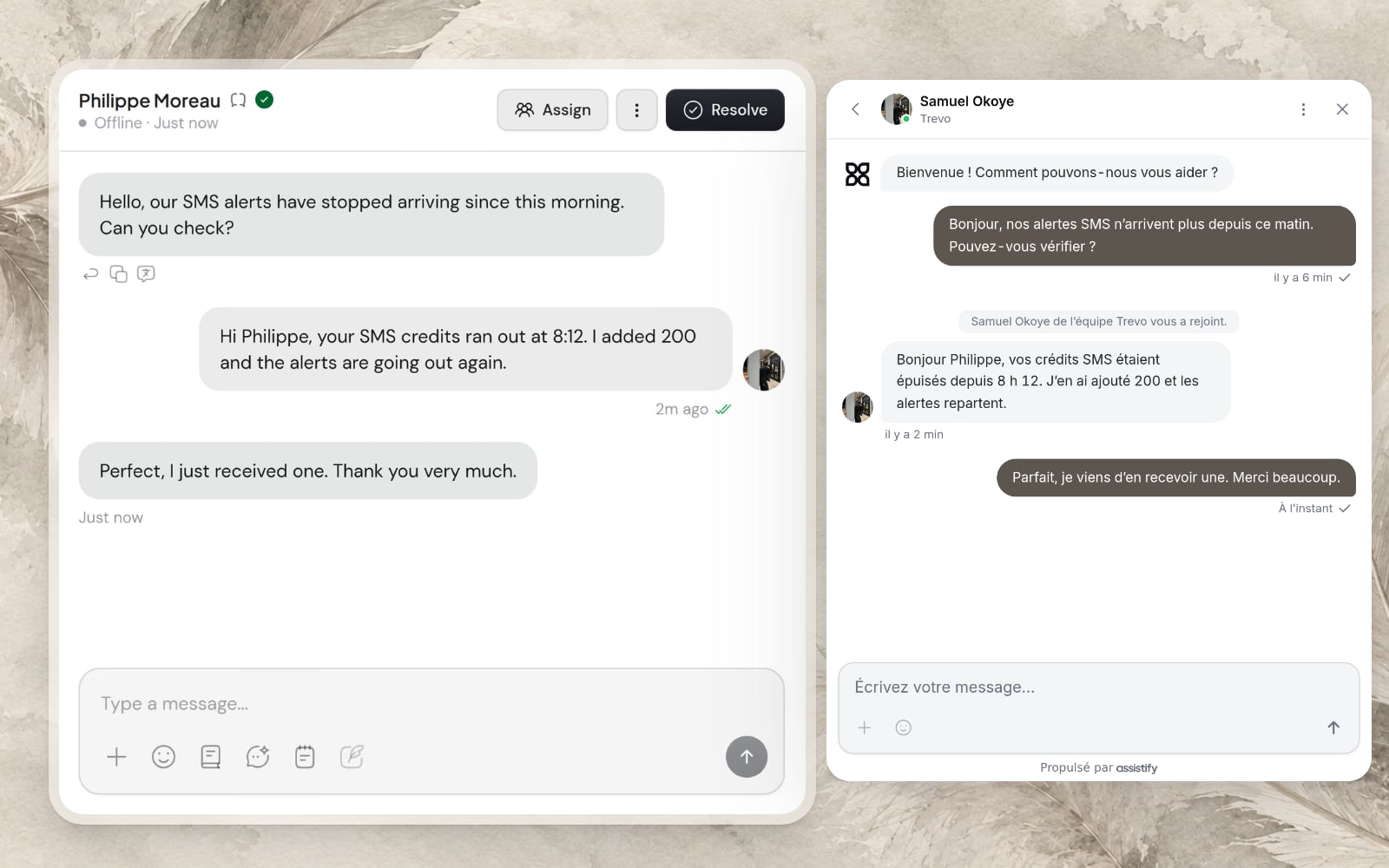 A conversation in the inbox where the customer’s French messages read in English, beside the same conversation in French in Webchat