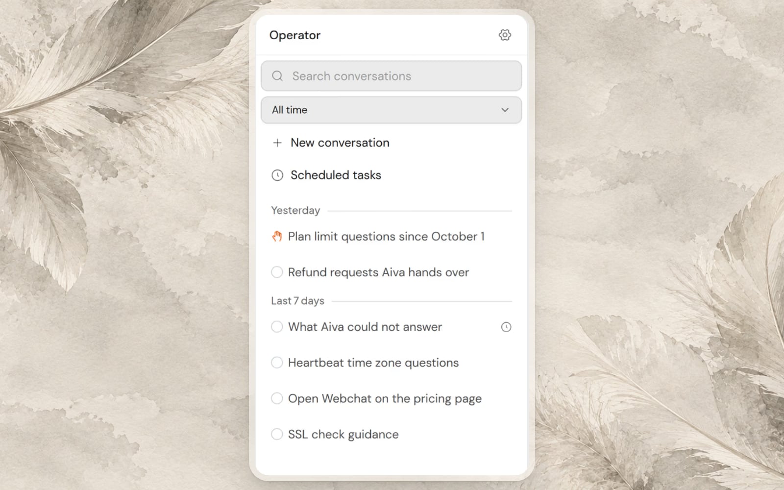 Operator’s list of conversations, with Scheduled tasks above them and a scheduled task marked with a clock